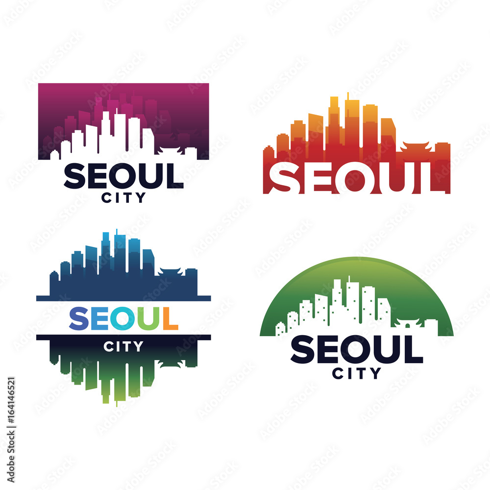 Cityscapes Skylines of Seoul City Silhouette Logo Template Collection