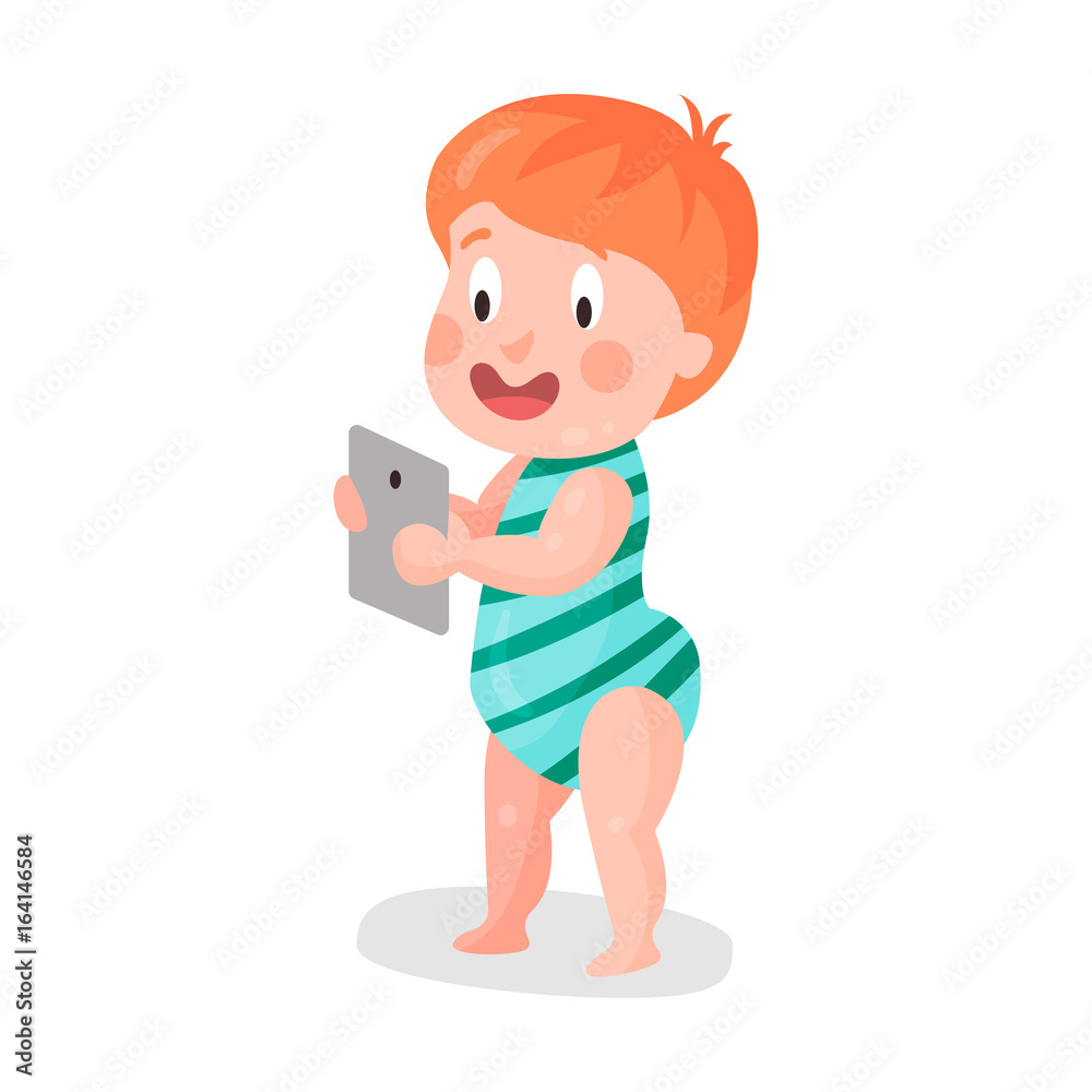 Cute cartoon toddler boy standing with smartphone colorful character vector Illustration