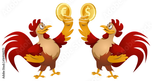 One red rooster holding dollar symbol and another red rooster holding euro symbol. Cartoon styled vector illustration. Elements is grouped. Isolated on white.