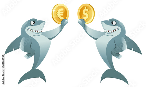 One shark holding dollar symbol and another shark holding euro symbol. Cartoon styled vector illustration. Elements is grouped. Isolated on white.