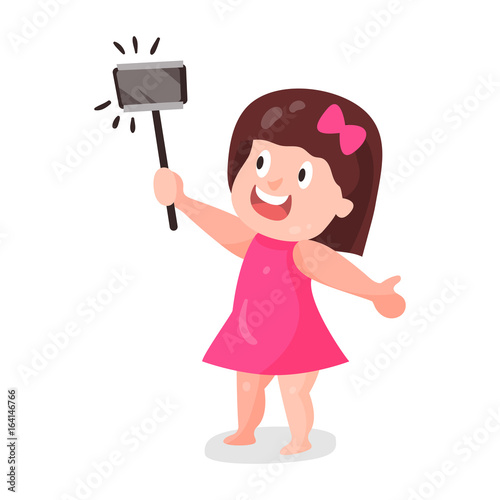 Cute cartoon girl in pink dress making selfie with a stick colorful character vector Illustration