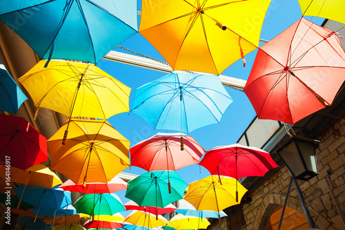 Colorful umbrellas on the street in Limassol  Cyprus