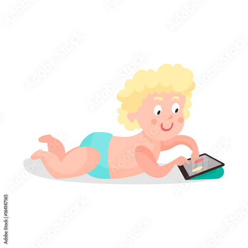 Cute cartoon toddler boy in a diaper lying on the floor and playing using tablet colorful character vector Illustration