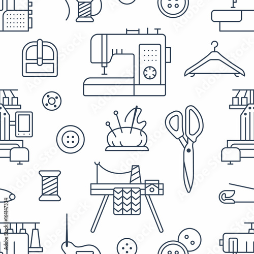 Sewing equipment, tailor supplies seamless pattern with flat line icons set. Needlework accessories - sewing embroidery machine, pin, needle, thread, DIY tools. Linear signs for hand made store.