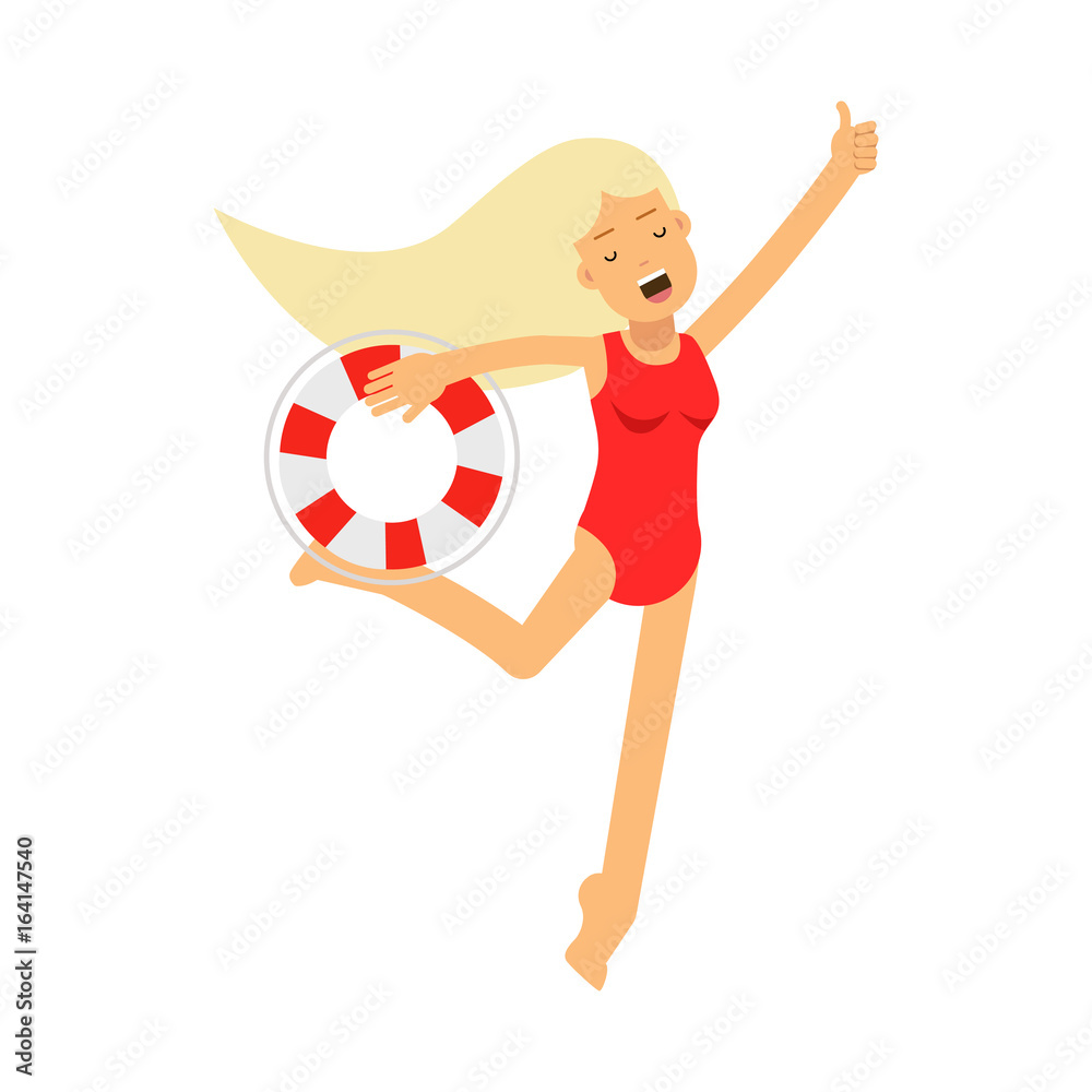 Lifeguard girl character in a red swimsuit running with lifebuoy vector Illustration Lifeguard girl character in a red swimsuit running with lifebuoy vector Illustration