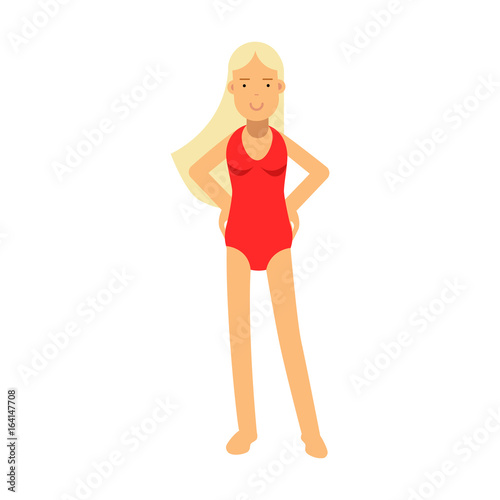 Smiling blonde lifeguard girl character in a red swimsuit on duty vector Illustration