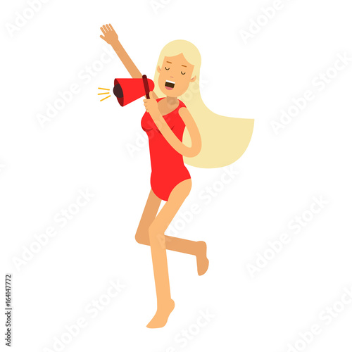Lifeguard girl character in a red swimsuit yelling through a megaphone vector Illustration
