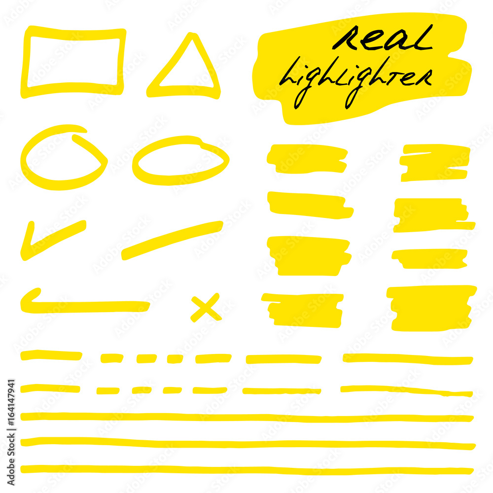 Hand-drawn shapes and lines - real highlighters. Yellow. Vector set. Isolated on white background. Use for note, illustrations and decorations texts, articles, slideshow etc. Eps 10