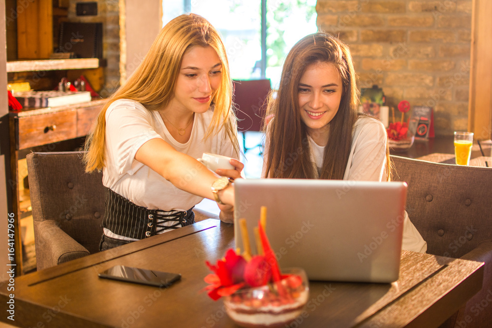 Teenage girls using laptop together in cafe. Teenage girls using laptop together in cafe.