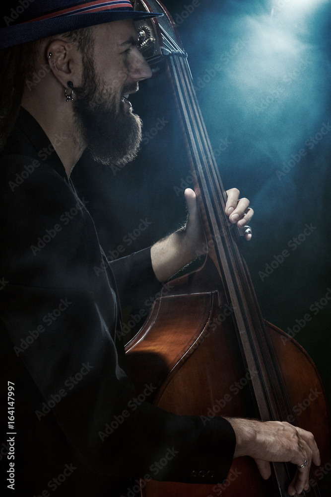 The musician plays the double bass. The musician plays the double bass.