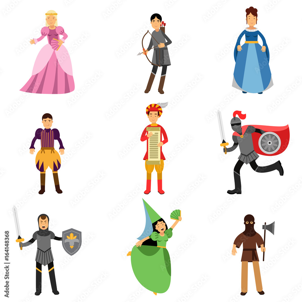 Medieval characters set, people in the historical costumes of medieval ...