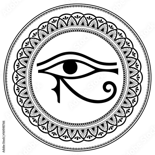 Circular pattern in the form of mandala. The ancient symbol Eye of Horus. Egyptian Moon sign - left Eye of Horus. Mighty Pharaohs amulet. Decorative pattern in oriental style.