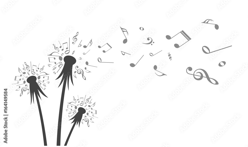 Obraz premium Flower field dandelion with flying notes.