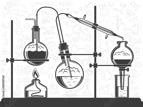 Composition of flasks, hoses, chemical elements, and spirit lamp - a scientific experiment in the laboratory.  Vector black and white illustration. Possible reconfiguration.