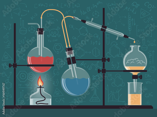 Combined structure of chemical instruments and flasks in the scientific laboratory. Vector color illustration. Possible reconfiguration.