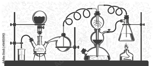Chemical reaction consisting of flasks and hoses in a scientific laboratory. Vector black and white illustration. Possible reconfiguration.