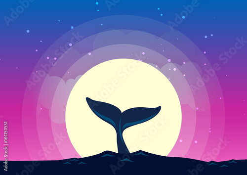 Whale tail dives into the sea background of the moonlight. Beautiful moonlight background with Whale silhouette. All in a single layer. Vector illustration.