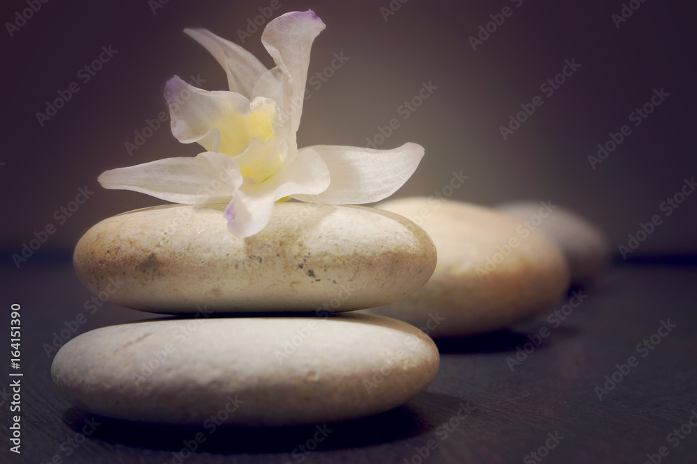 Stones for massage with a flower of orchid dendrobium on a wooden surface