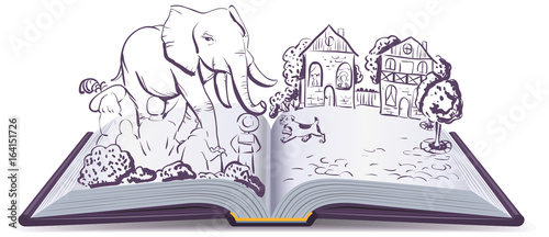 Elephant and Pug story. Illustration open fable book