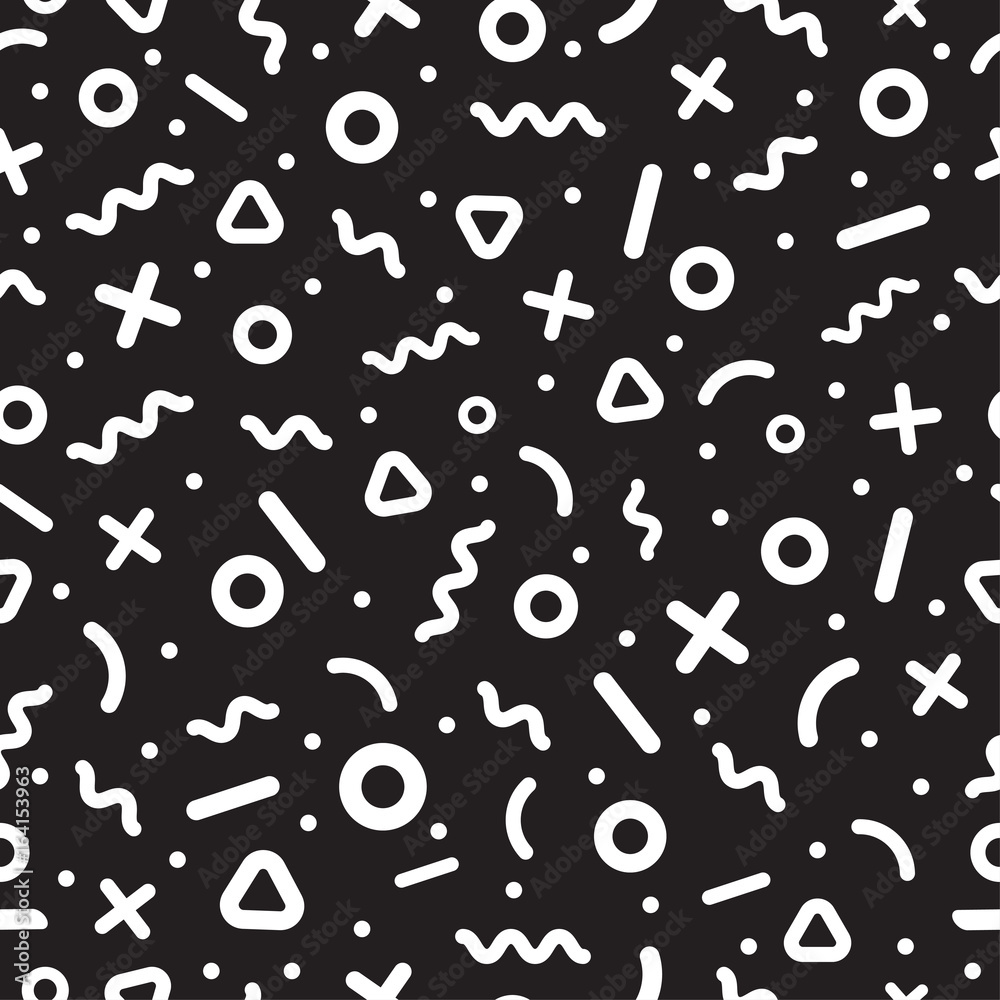 Scattered Geometric Line Shapes. Abstract Background Design. Vector Seamless Black and White Pattern. Scattered Geometric Line Shapes. Abstract Background Design. Vector Seamless Black and White Pattern.