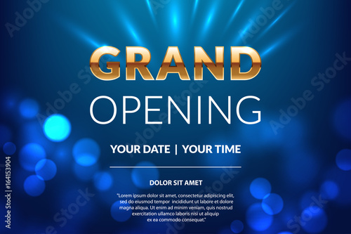 Grand opening invitation concept. Celebration design. Gold glitter letters on abstract background with light effect. Applicable for banner, flyer, presentation and poster design.