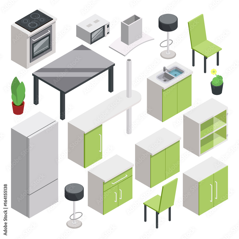 3d room design. Vector isometric furniture set for kitchen
