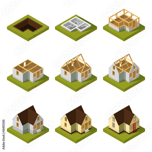 Visualization of modern building on different construction stages. Isometric vector illustration
