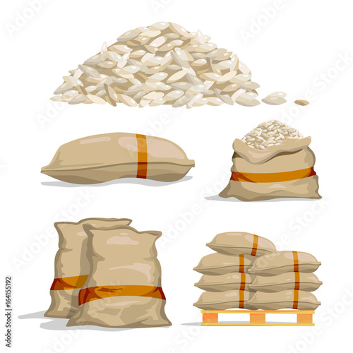 Different sacks of white rice. Food storage vector illustrations