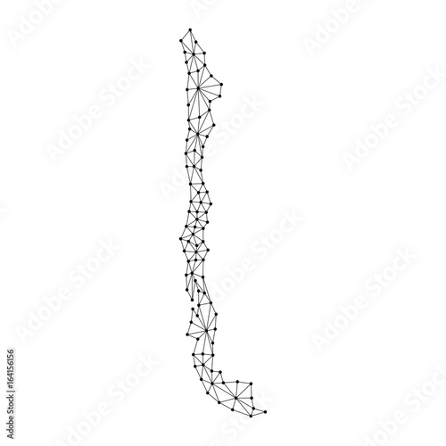Chile map of polygonal mosaic lines network, rays and dots vector illustration.