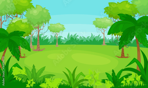 Vector cartoon illustration of jungle  background. vector landscape.