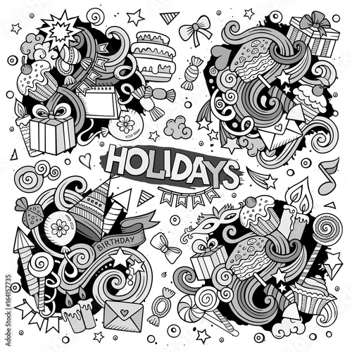 Line art set of holidays doodle designs