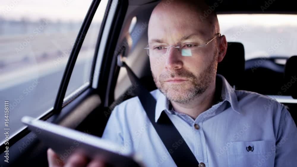 Bald Businessman Wearing Glasses and Using a Tablet Bald Businessman Wearing Glasses and Using a Tablet
