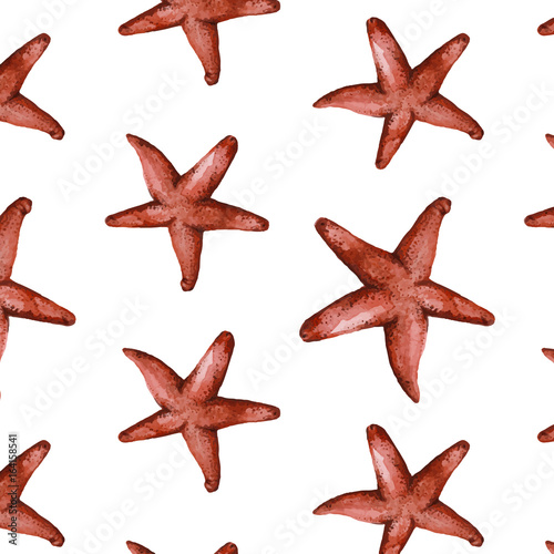 Drawing with watercolor red starfish in the class of invertebrates such as echinoderms on a white background seamless background for printshop and design, children's drawing