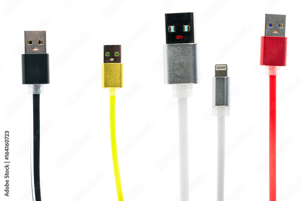 Four multicolored USB cable of friend, one with raised hand, on white  isolated background. Inter-friendship, family, technology of the future.  Horizontal frame Stock Photo | Adobe Stock