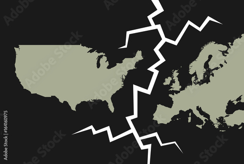Crack between United States of America (USA) and Europe - conflict, tension and disagreement between american country and european continent 