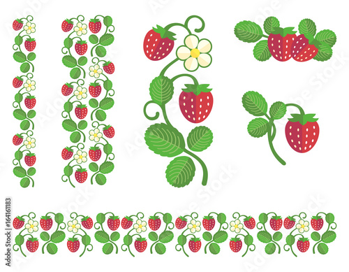 Strawberry colored stem with berries, flower and leaves. Flat colors set of design ornament elements