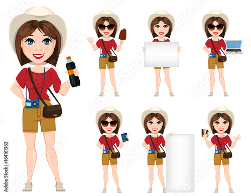 Tourist woman, traveler. Set of cute cartoon character. Vector illustration.