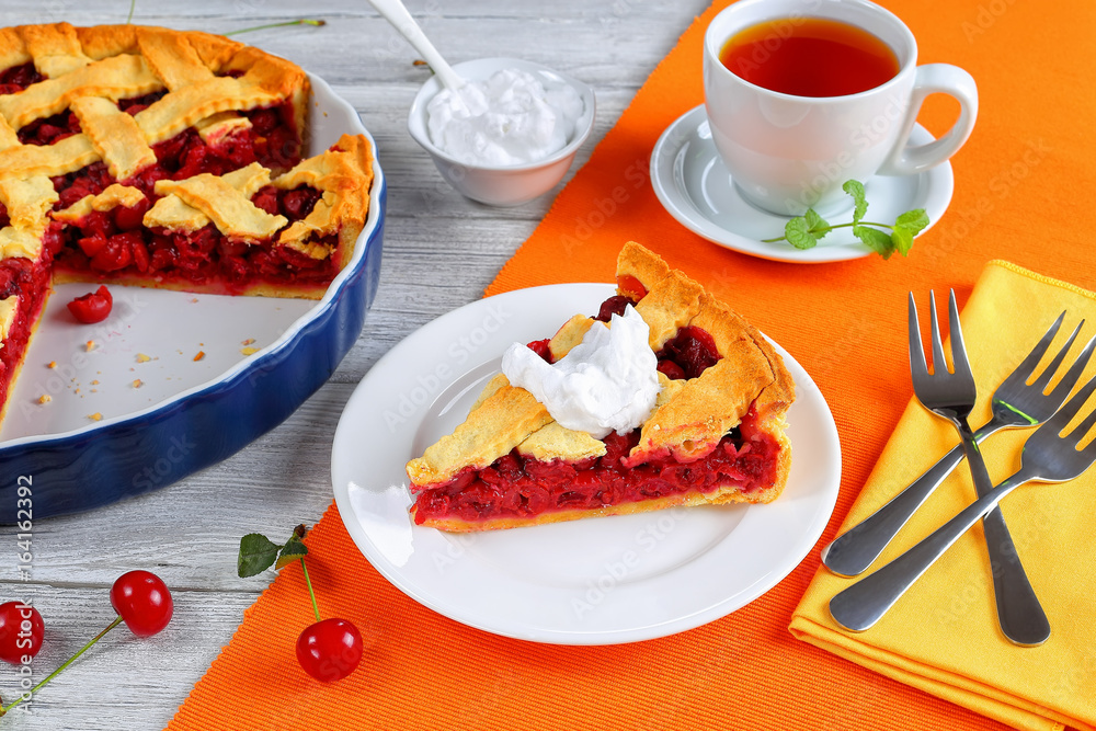 slice of homemade sour cherry pie slice of homemade sour cherry pie