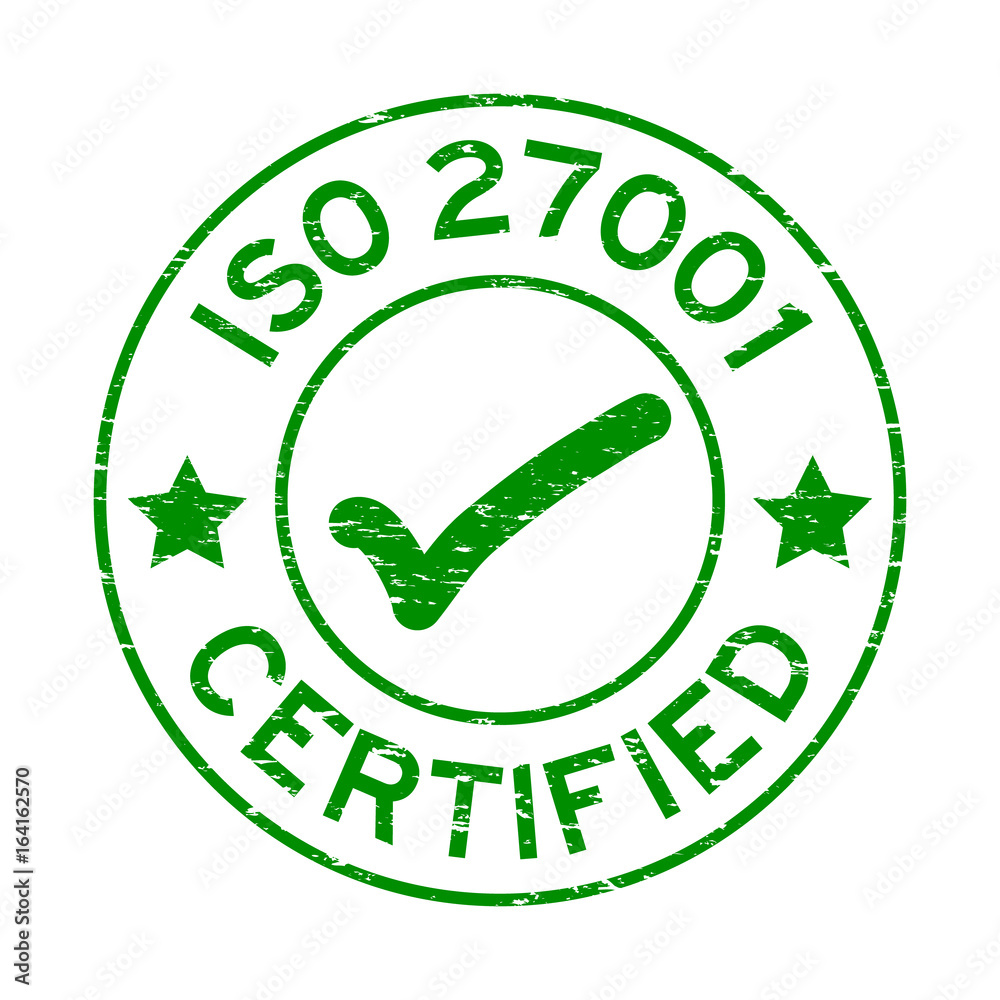 Grunge green ISO 27001 certified round rubber seal stamp on white background Grunge green ISO 27001 certified round rubber seal stamp on white background