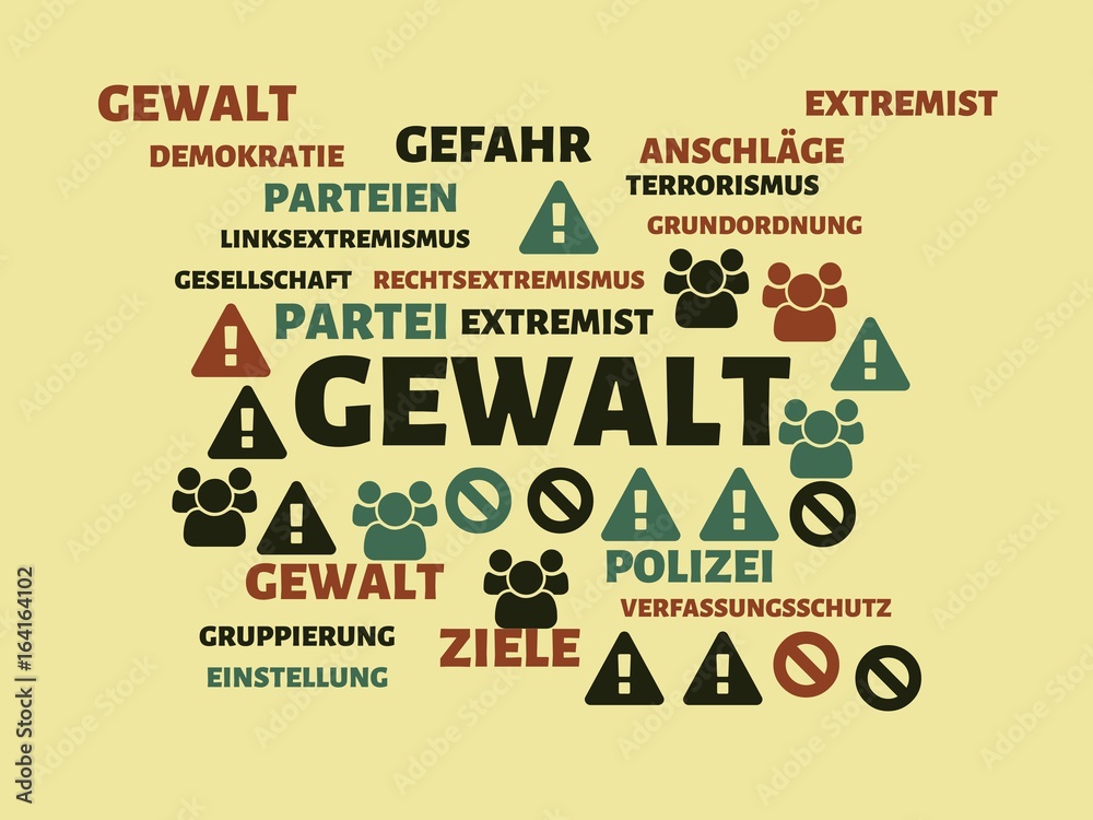 GEWALT - FRIEDLICH - Bilder mit Wörtern aus dem Bereich Extremismus, Wort, Bild, Illustration
