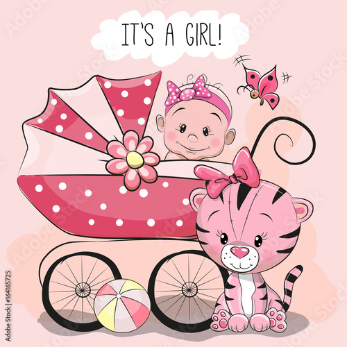 Fototapeta Naklejka Na Ścianę i Meble -  Greeting card it is a girl with baby carriage