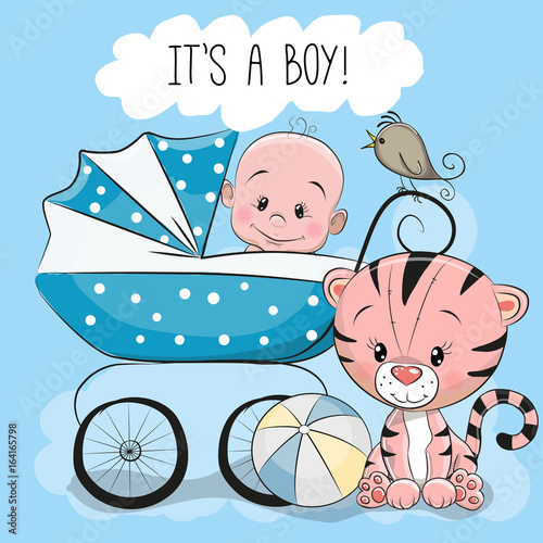 Fototapeta Naklejka Na Ścianę i Meble -  Greeting card its a boy with baby carriage