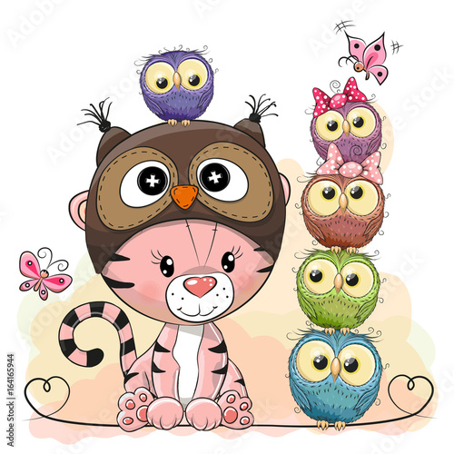 Fototapeta Naklejka Na Ścianę i Meble -  Cute Cartoon Tiger and five Owls