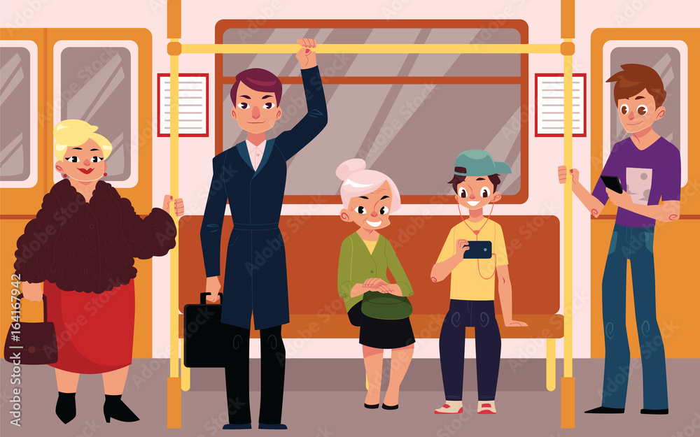Someone Sitting Railing Drawing People in subway train car, sitting on seats, standing and holding ...