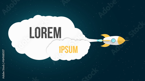 Yellow cartoon missile is flying in space. Space concept. A white cloud of smoke from the turbine. Banner for your text. Starry sky with falling stars. Vector illustration
