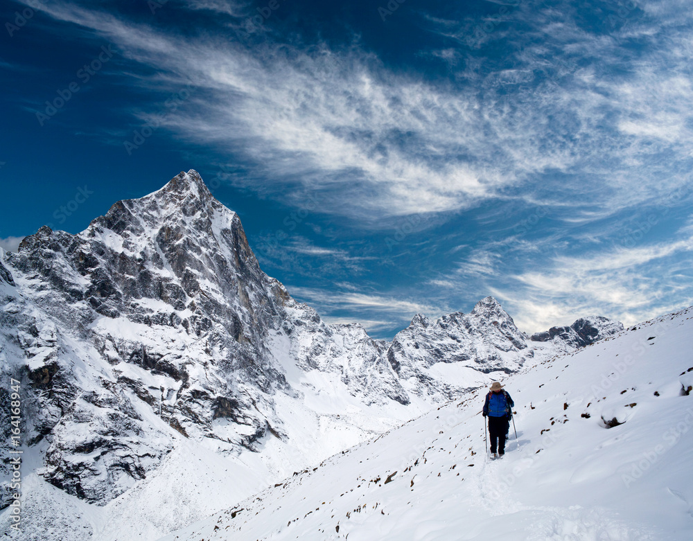 An unidentified hiker walking on the road to Everest Base Camp in Sagarmatha National Park, Nepal Himalaya