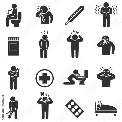 Health conditions, sickness. Monochrome icons set. Disease states. Health conditions , simple symbols collection