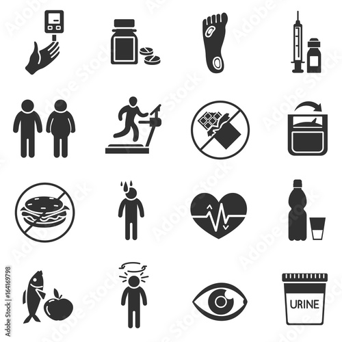 Diabetes. Monochrome icons set. Diagnosis and health care.