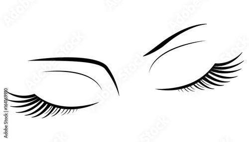 Closed eyes with black fluffy eyelashes on a white background.