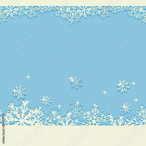 Blue winter Christmas background with glittering snowflakes. Seamless horizontal New Year pattern.